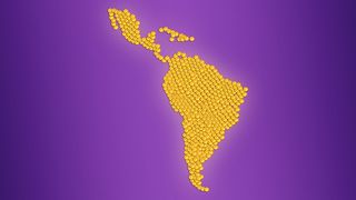 Illustration of pixelated coins arranged in the shape of Latin America.